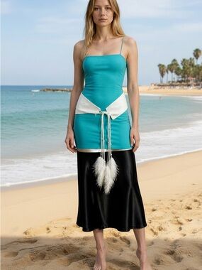 Hand Crafted White Feather Tassel Cord Waist Belt with Cream Panels